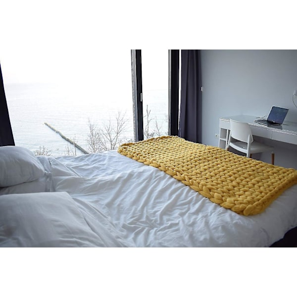 Tyk Strikket Merino Uld Tæppe - Boho Soveværelse Dekoration - 100x130cm Gul