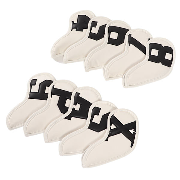 10-pack set PU vattentäta golfklubbsjärnskydd Fint sömnadsprocess Golfklubbs huvudskyddsfodral (Svart tecken Vit bakgrund )