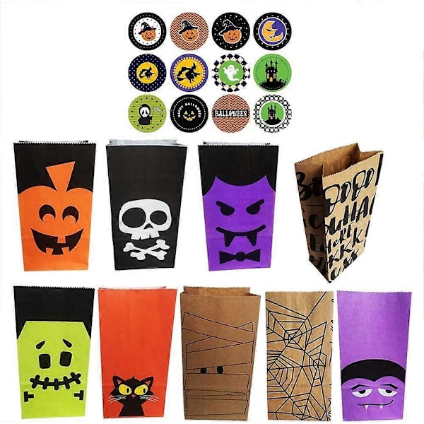 72 stk Halloween Godteposer og 72 stk Halloween Klistremerker, Gaveposer Matpapirposer for Godteri, Kjeks, Nøtter, Halloween Dekorasjon