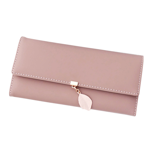 Dam plånbok lång plånbok trifold PU stor kapacitet med bladhänge bärbar korthållare plånbok för vuxna dagligen rosa