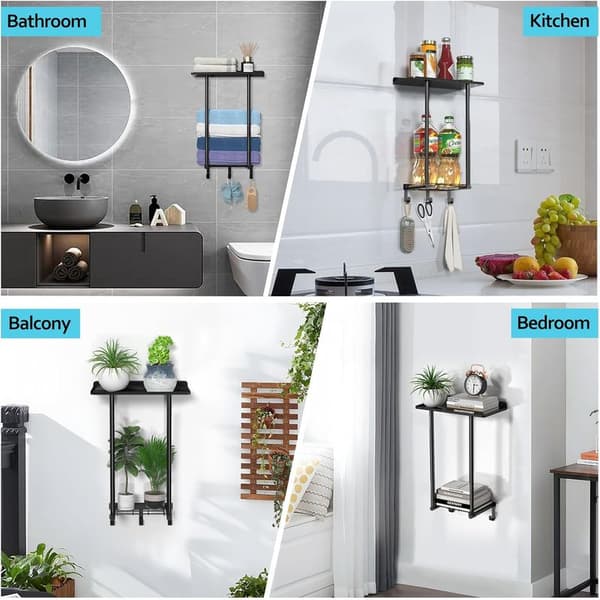 Debuns – Sort vægmonteret håndklædeholder i rustfrit stål – 2 stænger og 3 kroge – Mål 21x40x16cm – Rummer op til 6 badehåndklæder