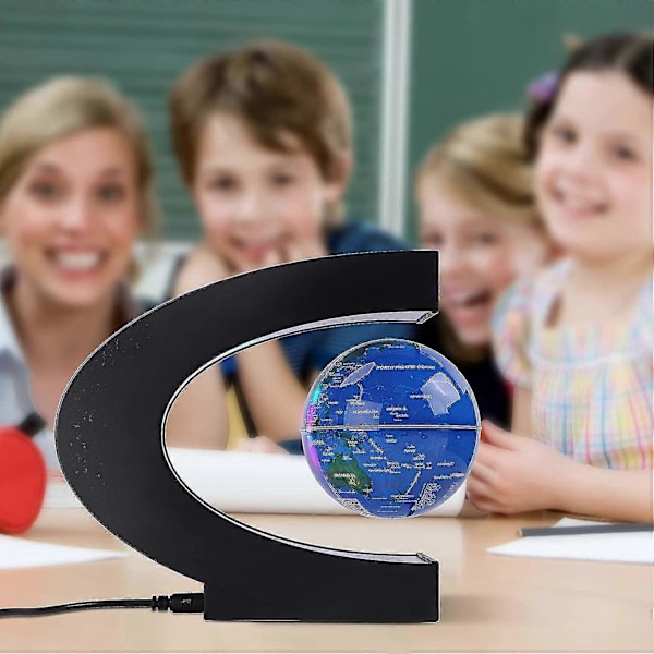 Magnetisk Svevende Globus med Fargede LED-lys C Form Anti-gravitasjon Maglev Roterende Verdenskart for Gave Hjemmekontor Skrivebordsdekorasjon (med Bryter, Blå)