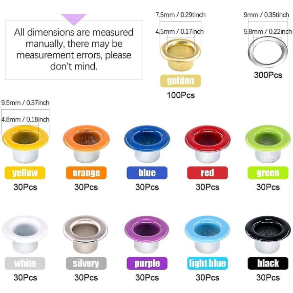 Set med metallöglor - 400 st i 10 färger med 1 st håltång och 100 st guldöglor - perfekt för skor, bälten och kläder