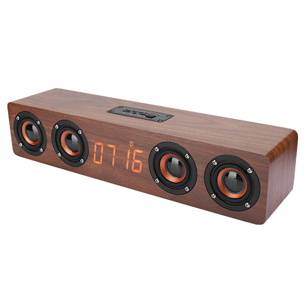 W8C Högkvalitativ Bluetooth-högtalare i massivt trä med LED-klockdisplay och FM-funktioner