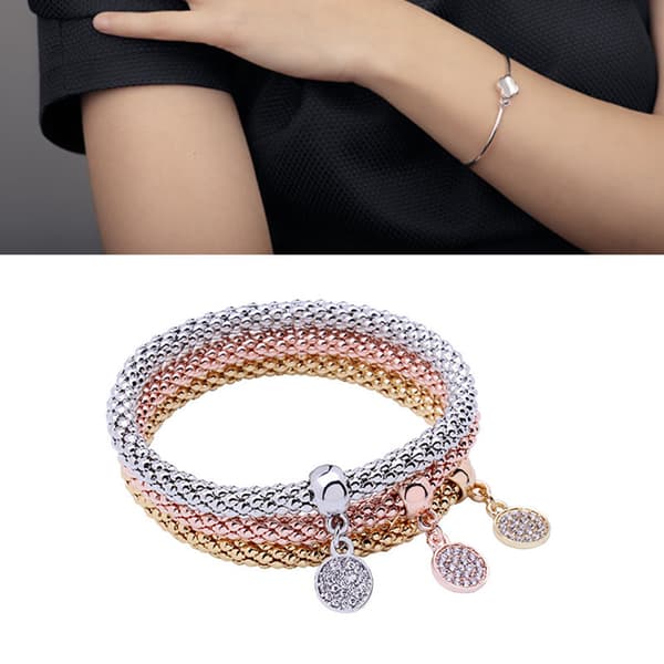 3 st armband mode legering inlagd diamant elastisk rund män kvinnor handledstillbehör