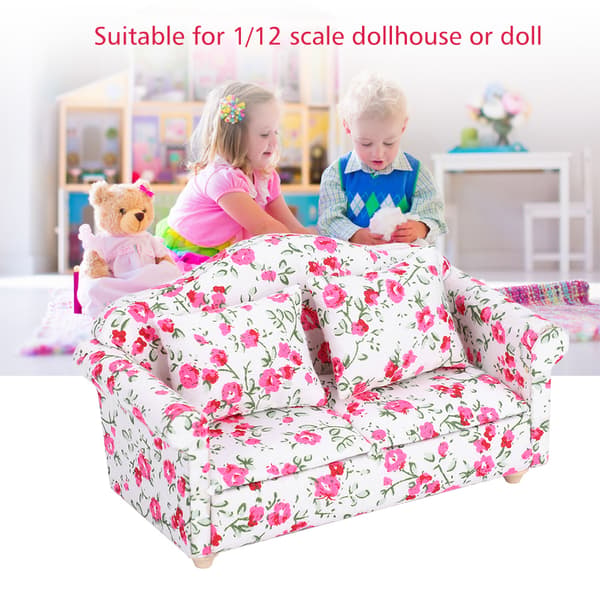 Dukkehus Tilbehør Blomstermønster Mini Møbler Dobbelt Sofa til 1/12 Skala Dukke (#2)