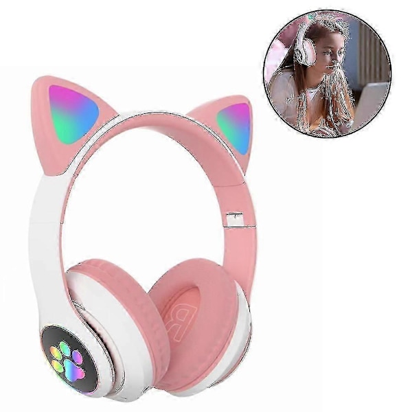 Hörlurar Kattöron Trådlösa Hörlurar, LED-belysta Bluetooth Hörlurar Rosa