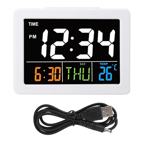Färg Stor Skärm LCD Elektronisk Bordslarmklocka med Temperatur Datum Display (Vit )