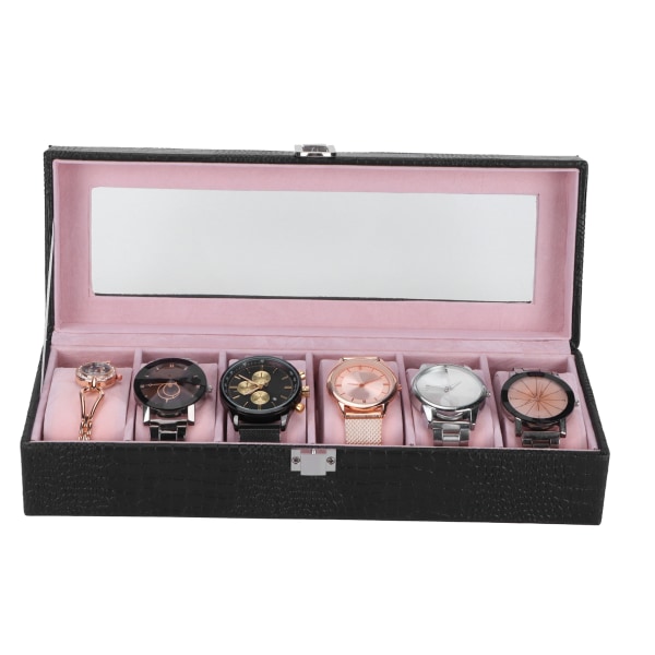 6-slots Watch Box PU Läder Rektangulär Armbandsur Display Case Organizer Present Svart