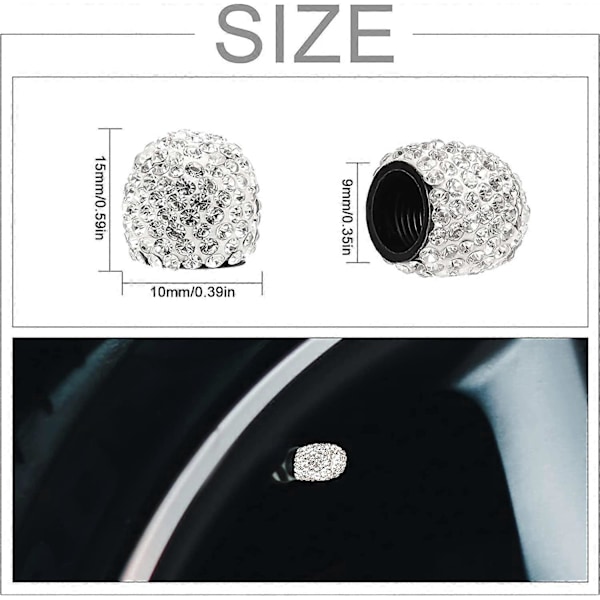 4 stk. Hvite Dekkventilhetter, Rhinestone Auto Ventilhetter Ventilstammedeksel Lufttett Forsegling for Biler SUV Lastebiler Motorsykler