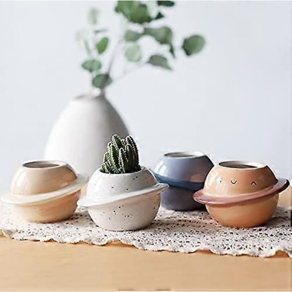 Set med 2 keramiska blomkrukor - För suckulenter - Kreativ - Mini Planet - Dekorativ blomkruka för inomhus eller balkong - Blå