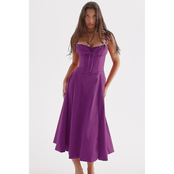 Blommigt mönstrad ärmlös klänning med rynkad byst och slits i sidan - Boho midiklänning - Dam (gratis frakt) XL Lila