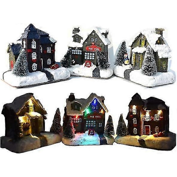 Juledekorationer Sne Hus Vinterlandsby Med LED Lys, AAA Batteridrevet Julelandskabsdekoration Ornament 1 stk. sort