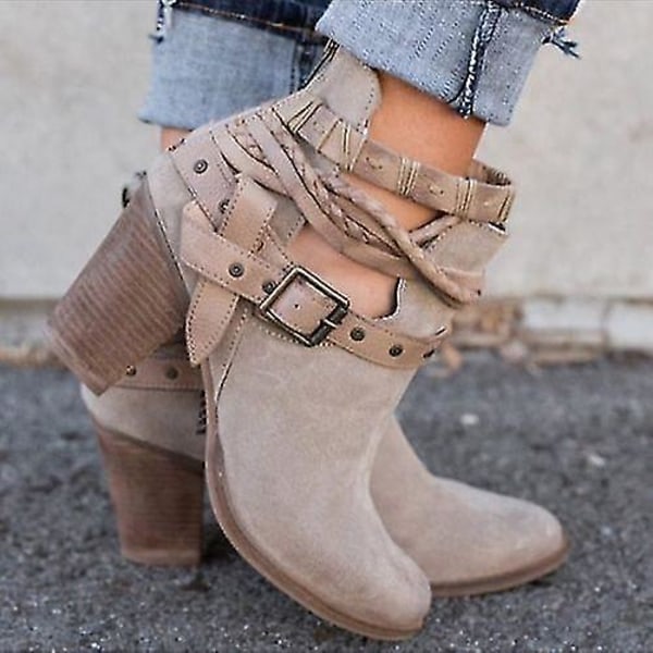 Ankelboots med chunky klack och spänne - Grå