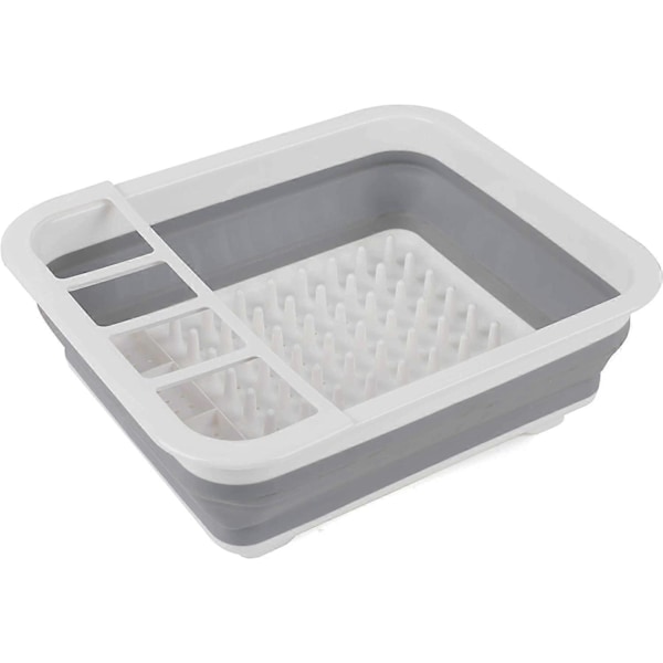 Grått hopfällbart diskställ med bestickhållare, perfekt för husägare eller camping, brottsäker, platsbesparande design