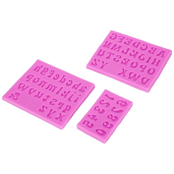 3 stk. alfanumerisk silikonform for store og små bokstaver til DIY kake, leire, sjokolade, rosa