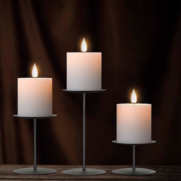 Ljusstakar Set om 3, Centerpieces Platta för Bord eller Öppen Spis med Svart Metalljärn