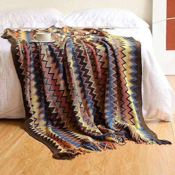 Stor Rutig Bohotäcke Stickad Filt 130 X 230cm i Akrylfiber med Fransar för Soffa Fåtölj Sovrum Säng (Orange),