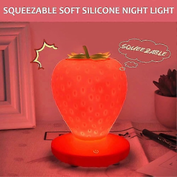 Jordbær Natlampe, Sød Silikone Natlampe, Børne Natlampe, LED Natlampe, USB Genopladelig, 3 Tilstande Touch Kontrol (Rød)_SZXM