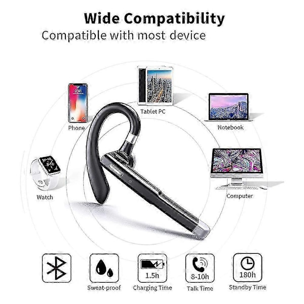 Trådløst Bluetooth Headset Håndfrit Enkelt Øre Hovedtelefon Støjreducerende Mikrofon kompatibel med Kontor/D