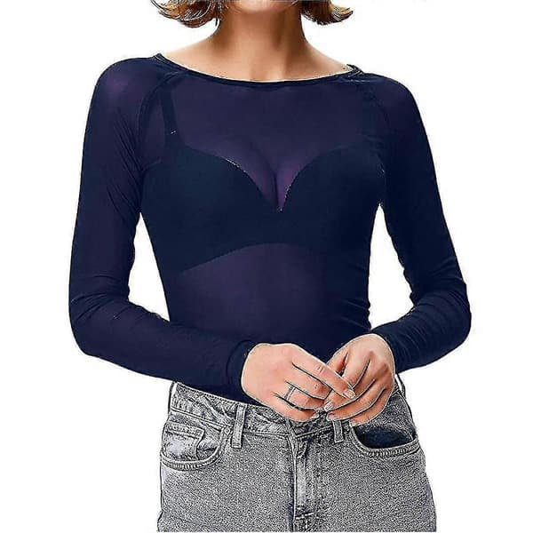 Gennemsigtig langærmet sømløs armformende top mesh bluse til kvinder Blå Blue M