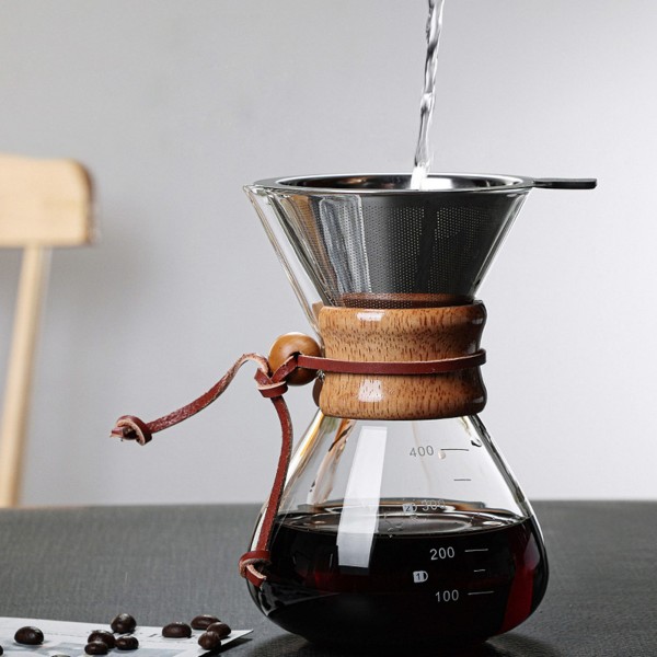 Hæld over kaffemaskine 400ml dobbeltlagsfilter V tud træærme kaffebrygger til hjem cafe fest