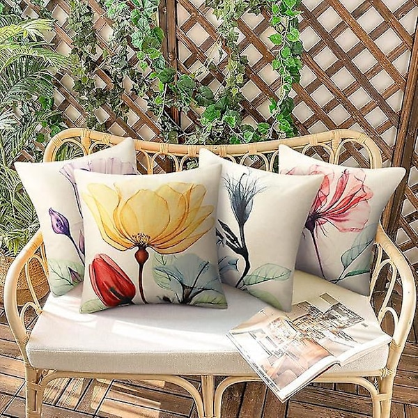 Set med 4 Kuddfodral 45x45cm Flerfärgad Blomma Uteplats Utomhus Örngott Fyrkantig Modern Bondgård Sommar Akvarell Växter Dekorativt Kuddfodral f