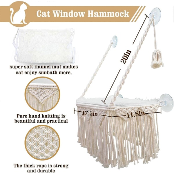 Kattfönsterbräda Makramé Katthängmatta Boho Väggmonterad Husdjursviloplats Säng - Vikt upp till 16 kg.