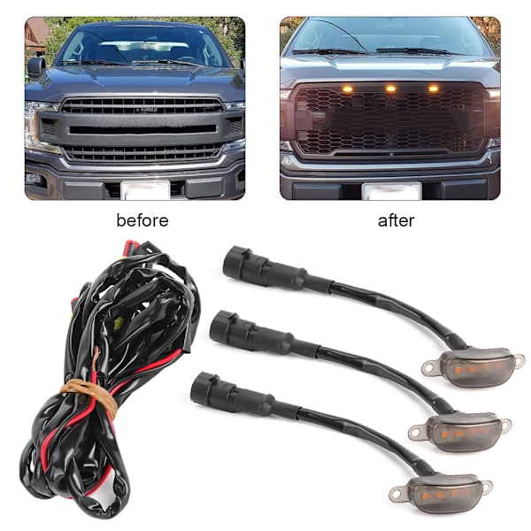 3 st Car Grille Light med sele, hög ljusstyrka, passar till Ford F‑150 Raptor 2010‑2014 2017‑uppåt, svart lins, gult ljus