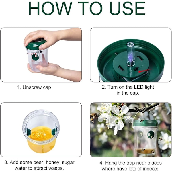 Solcells-driven getingfälla - 2-pack, återanvändbara insektsfällor för getingar, gula jackor och getingar (grön)