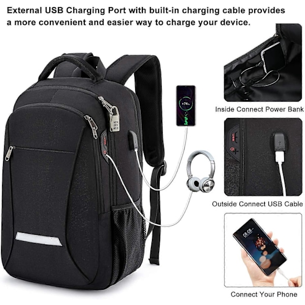 Reseryggsäck för Laptop med USB-laddning/Hörlursport, Slitstark Vattenavvisande Skolväska för Kvinnor Passar 15,6 Tums Notebook, Svart