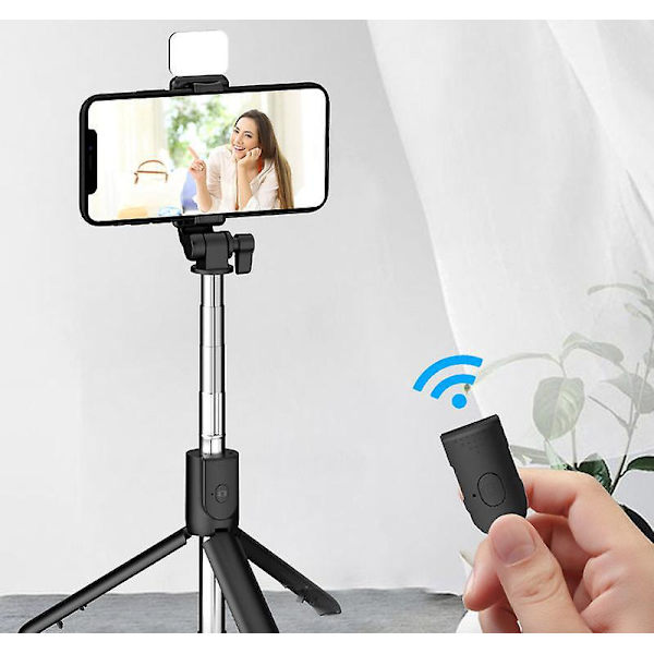 Selvportræt Live Streaming Lodret Mobiltelefon Tripod Stativ med Lys - Sort