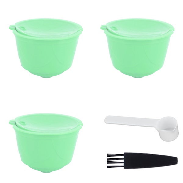 Kaffe Kapsel Sett Rustfritt Stål Kaffe Filter Kopp for DOLCE GUSTO Kaffemaskin (Grønn 3 Kapsler 1 Skje 1 Børste)