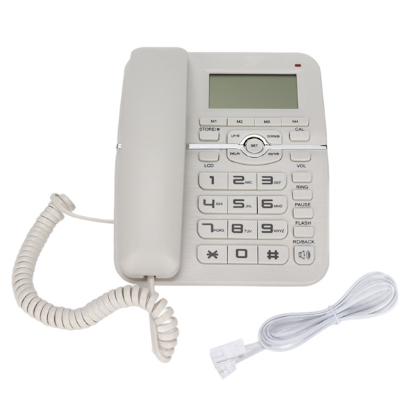 Kablet fasttelefon med nummerpresentasjon, håndfri, 4 hurtigvalg, skrivebordsmodell med LCD-skjerm for hjem og hotell, hvit