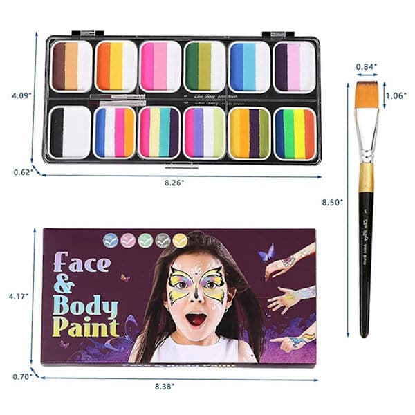 Face Paint Kit 1-Stroke 12 Split Cake Palette, Vattenaktiverad Kroppsmålningssats med 3 Penslar 2 Svampar