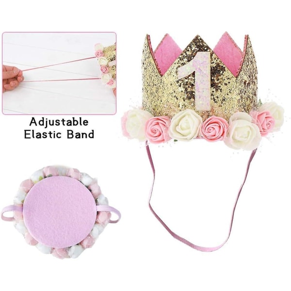 3-årsdagen Princess Crown Party Hat med blinkende mynt og rosa dekorasjoner for jenter, bursdagsgave