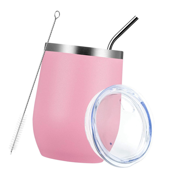 12oz 304 Rostfritt Stål Äggskalskopp Set U-formad Stor Mag Värmeisoleringskopp med Sugrör Koppslock Borste Rosa