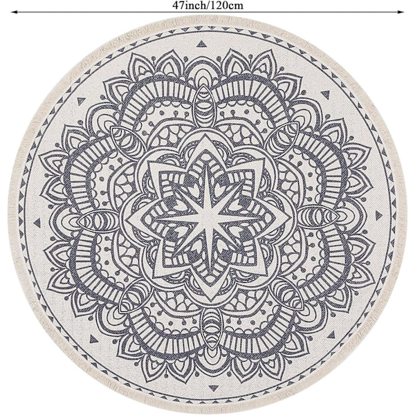 Boho Mandala Rundt Tæppe - Klassisk Moderne Traditionel Stil til Soveværelse eller Stue (120 x 120cm)