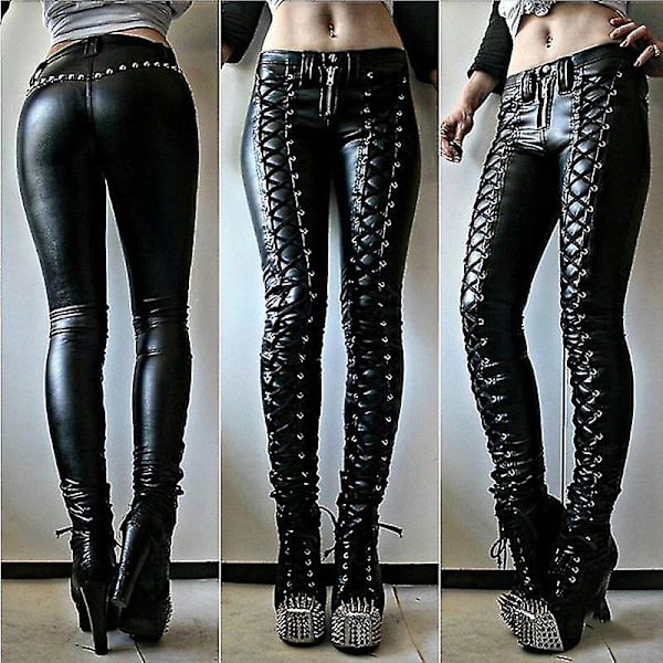 Gotiske Punk Sorte Kunstlæder Skinny Leggings til Kvinder S