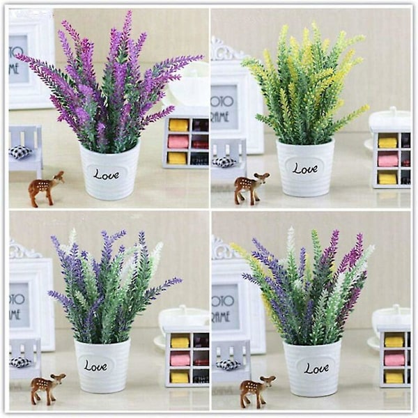 4 bunter med kunstige blomster, flokket kunstig lavendelplante, kunstige blomster potte dekorasjon (hvit)