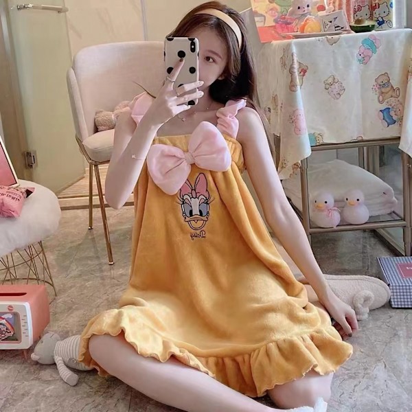 Women Bath Wrap Dress Wearable Cute Strong Water Absorption Soft Bathrobe with Straps for Household Yellow