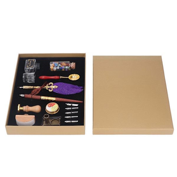 Fjäder Pen Set Retro Utsökt Quill Pen Spets Smältvax Sked Bas Bläck Stämpel Kalligrafi Pen Quill Pen Kit Lila