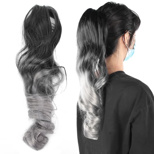 55 cm Hestehale Hår Extensions Klo Clip Langt Krøllet Falsk Hår Gradient Dame Hårstykker Paryk Sort T Grå