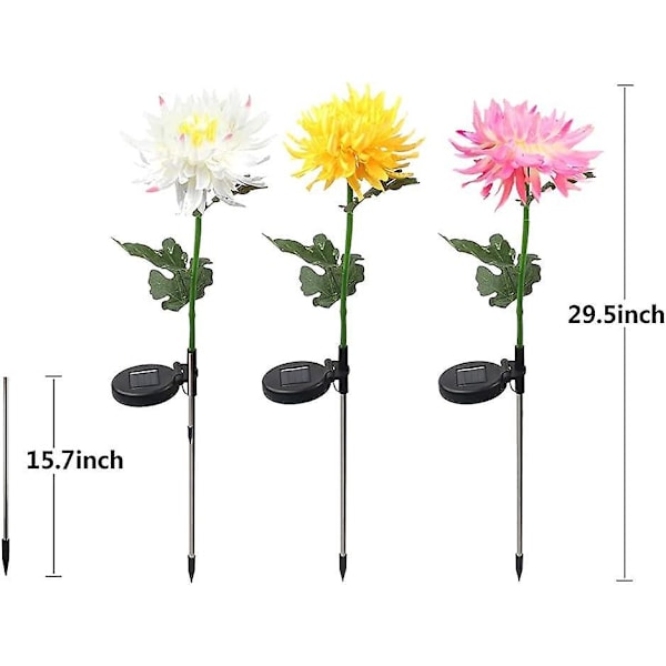 Solcelled Hagepæl Lys 3-pak Vanntette LED Krysantemum Blomsterlys for Gangsti Dekorasjon