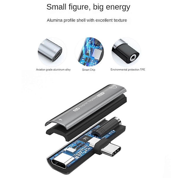 2-in-1 USB Type-C - 3,5 mm:n kuulokeadapteri 16 bitin/48 kHz:n dekooderilla, musta