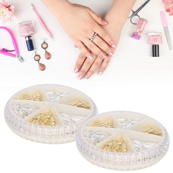 2 lådor snygg nagelkonstdekoration DIY metall glänsande nageldekorationer DIY manikyrverktyg guld silver måne + blad