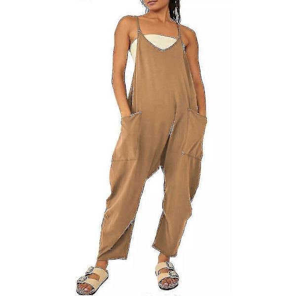 Dame Casual Oversized Overalls Harem Lange Smækbukser Dungarees Baggy Jumpsuit Brun M