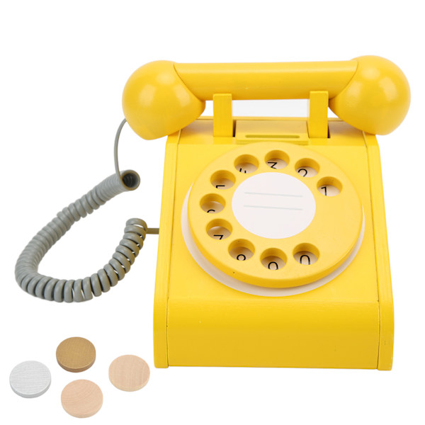 Simuleringstelefon för barn Rosa gammaldags vridbar urtavla telefon Retrodesign Träsimulering Retro urtavla Telefon Gul
