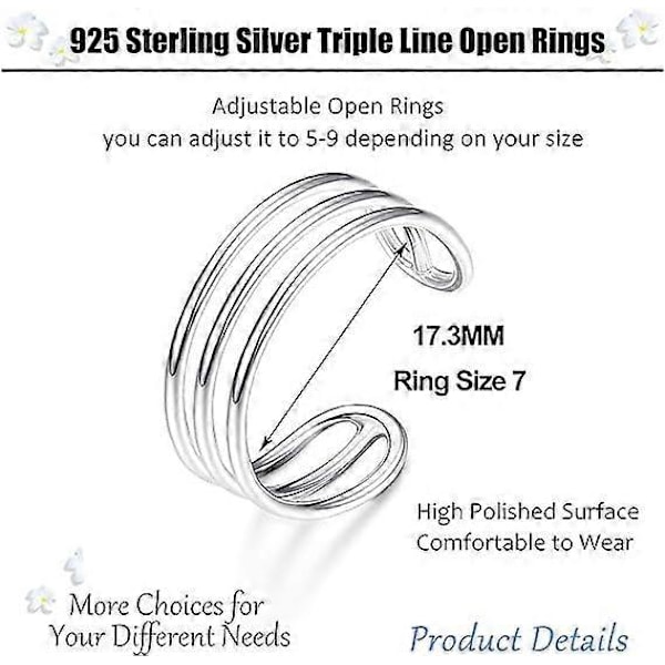925 Sterling Silver Horisontella Dubbla Trippel Linjer Öppna Ringar Minimalistisk Enkelt Band för Kvinnor Justerbar Öppen Tåring Knogringar
