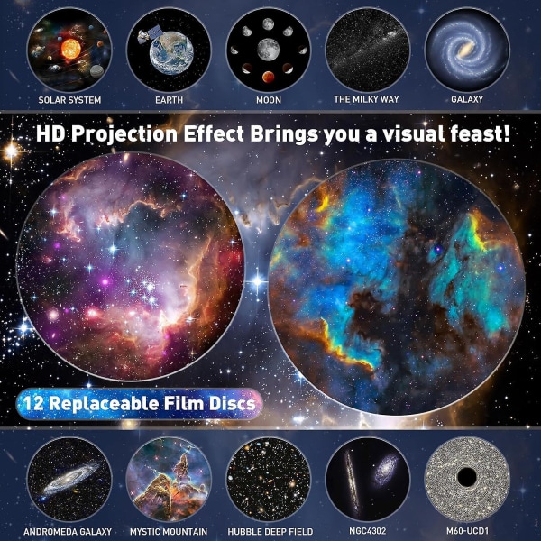 Mexllex Planetarium Star Projector med 12 realistiske Galaxy Discs, Starry Sky Night Light Lampe og Moon Night Light